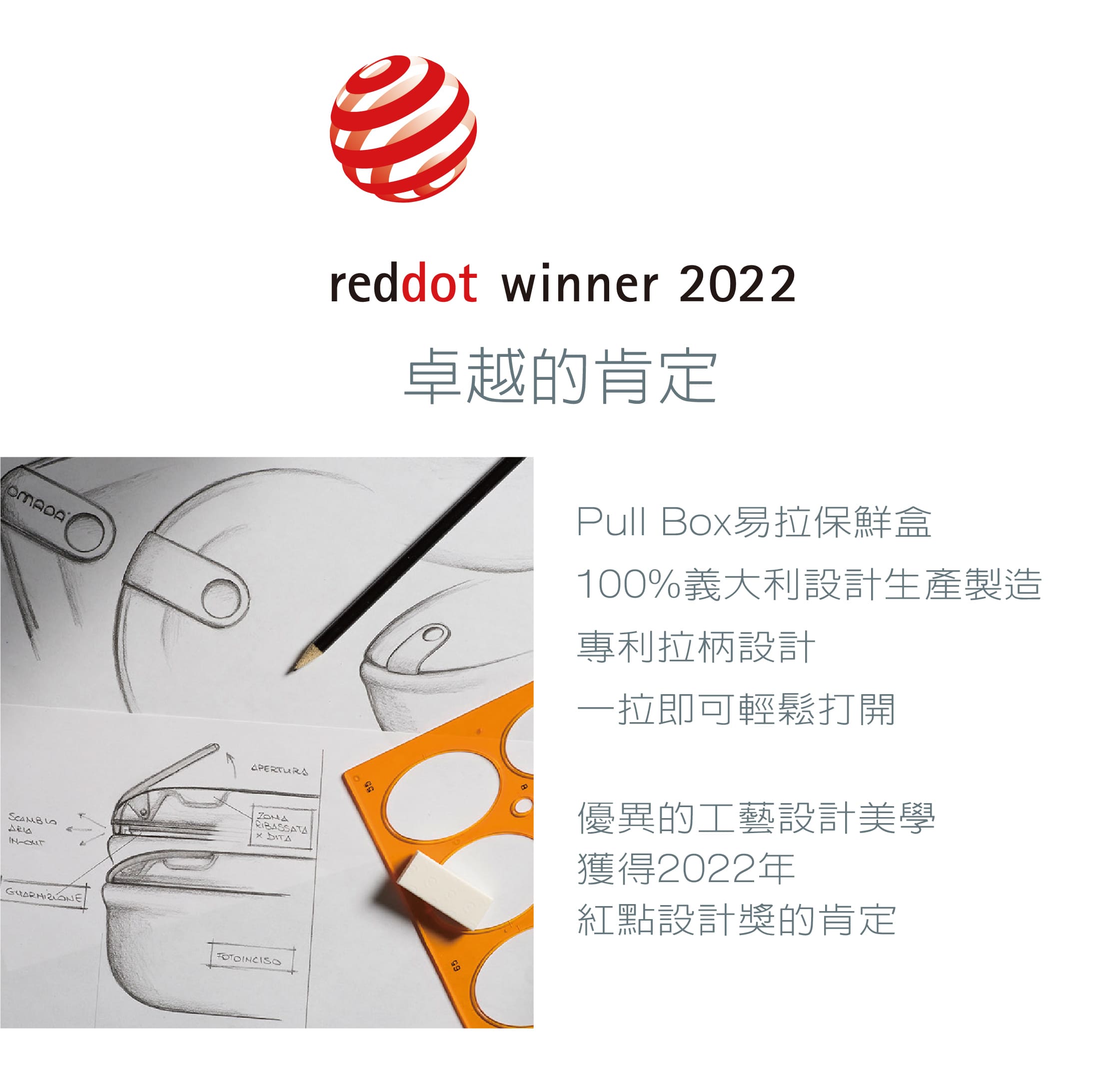 omada-義大利製造-保鮮盒-收納盒-專利-食品級-紅點設計-gooddesign-pullbox-防漏保鮮盒-可微波-透明上蓋-TUV-SGS-陳月卿-大侑-dietu